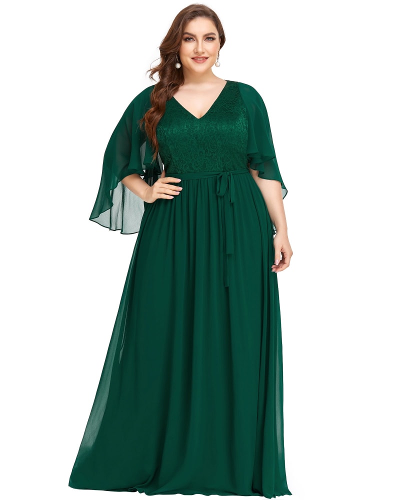 Front of a model wearing a size 18 Deep V Neck Lace Bodice Long Flowy Evening Dress in Dark Green by Ever-Pretty. | dia_product_style_image_id:304710